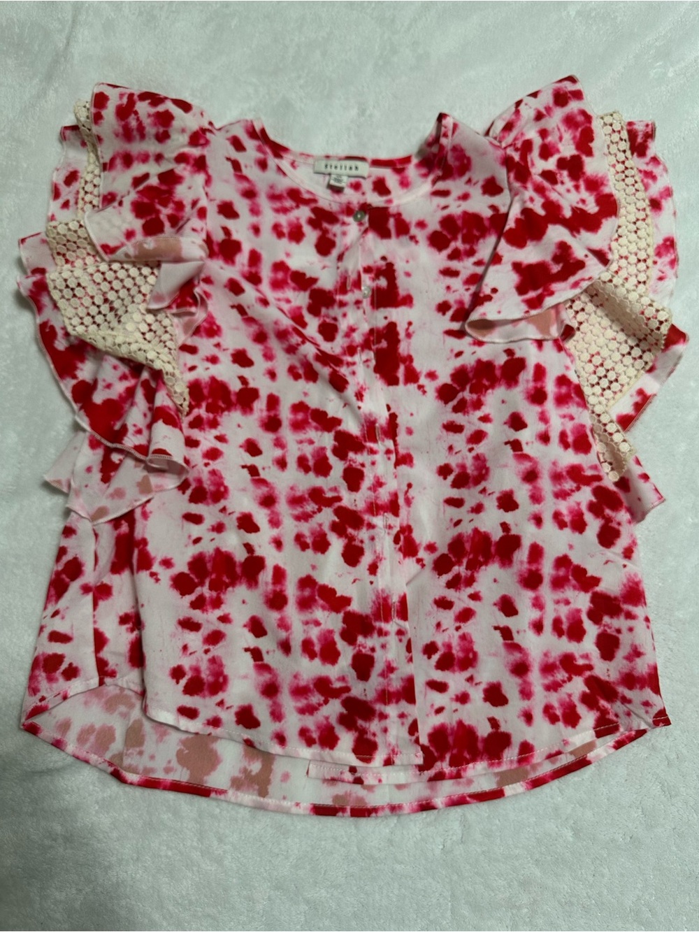 Stellah Pink & Red Tie-Dye Ruffle Sleeve Blouse